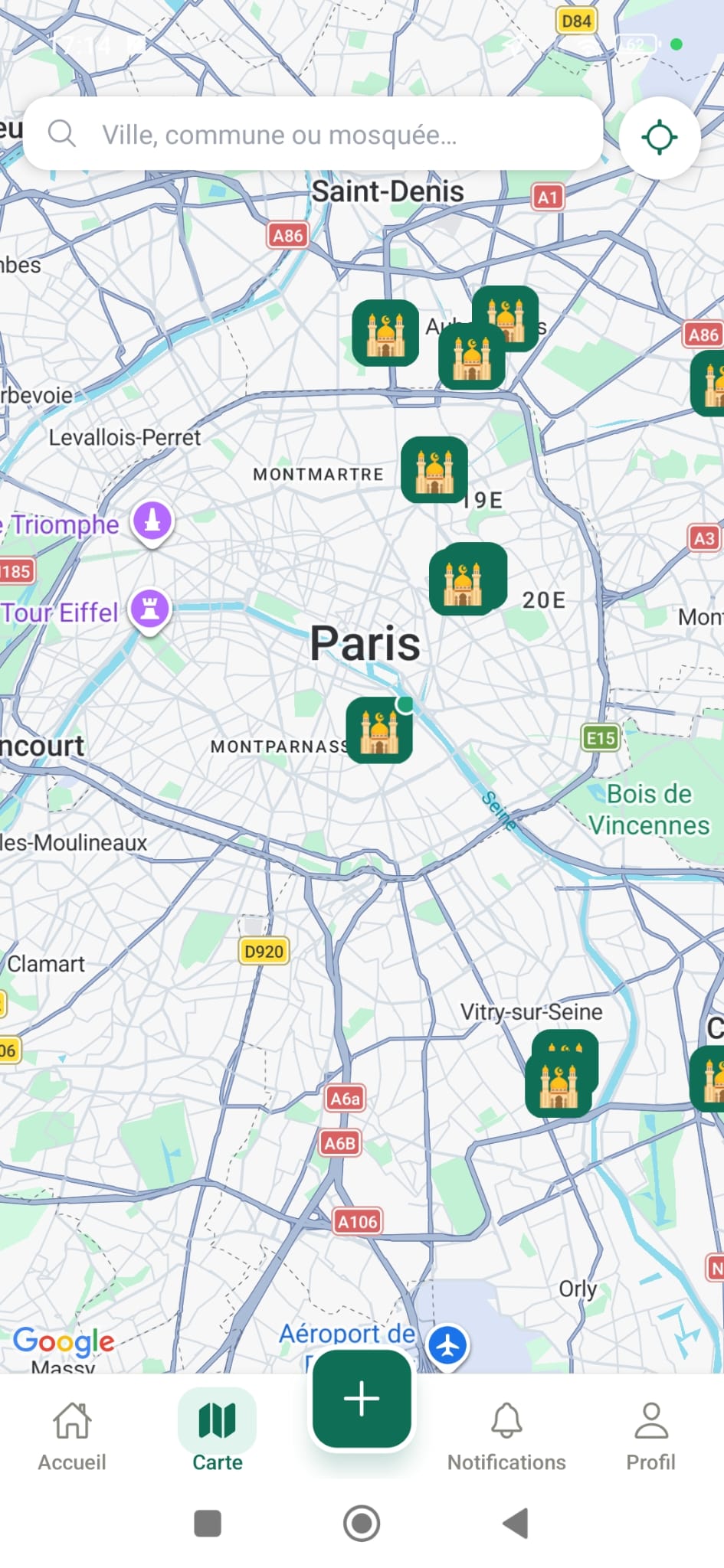 Écran de sélection des mosquées vérifiées dans l'application Rafiq